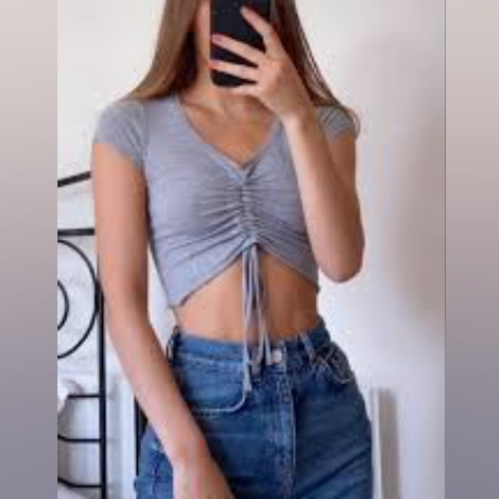 Antistar Ruched Tie Front Ribbed Gray White Stripe Crop Top Medium